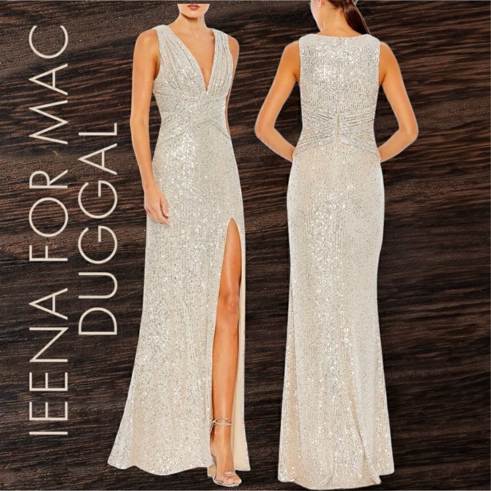 MAC DUGGAL Ieena by Mac Duggal Women’s V-Neck Sequined Wrap Waist Gown Size 4